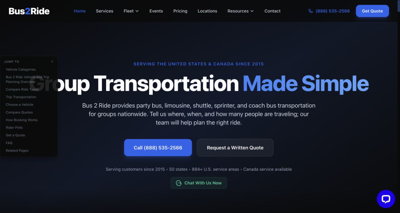 Bus2Ride homepage for group transportation planning and quote requests