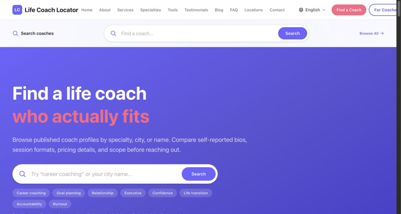 Life Coach Locator homepage with coach search and comparison tools